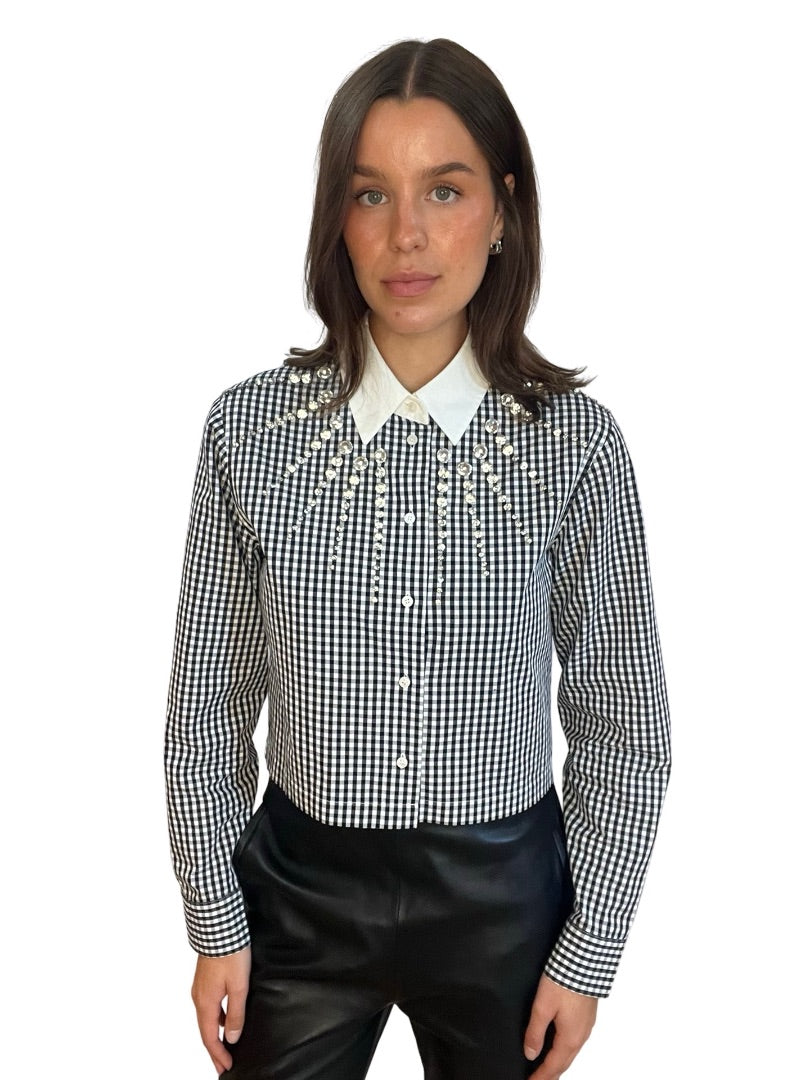 Sandro Black / White Rockfall Embellished Shirt in Gingham. Size: 1