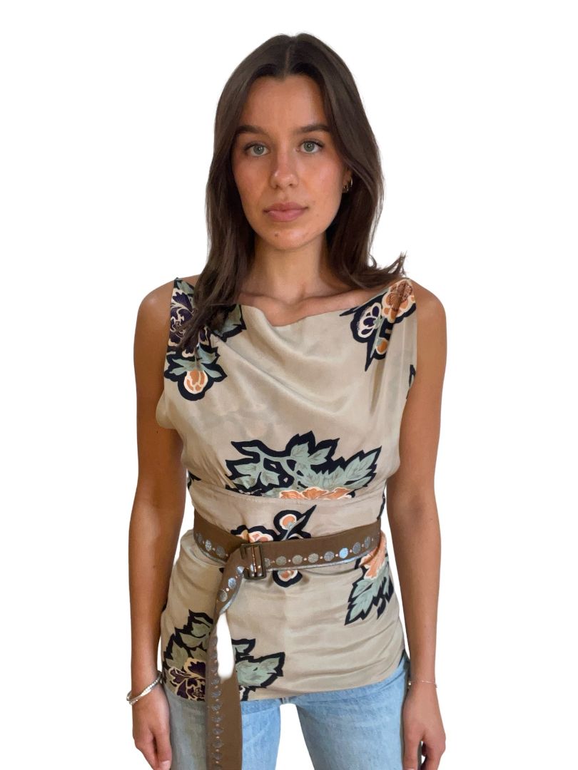 Dries Van Noten Beige Flower Pattern Top w Belt. Size: 40