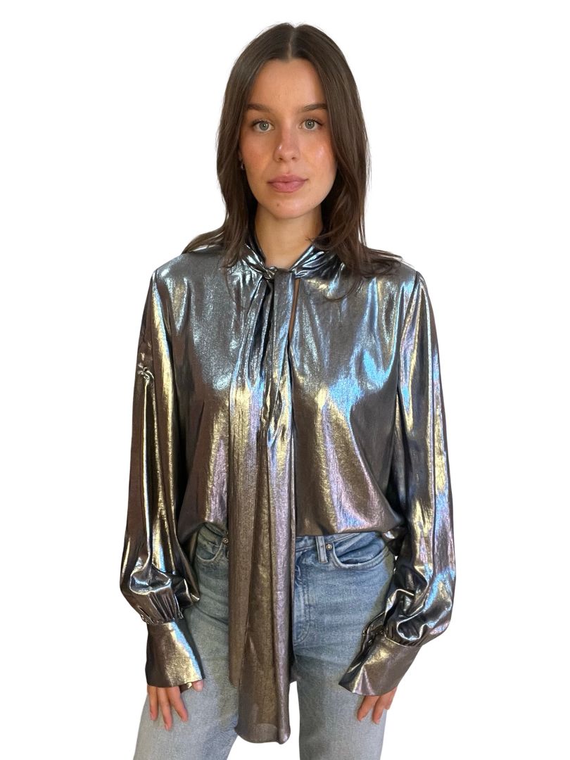 Carla Zampatti Silver Metallic Scarf Top. Size Size: 12