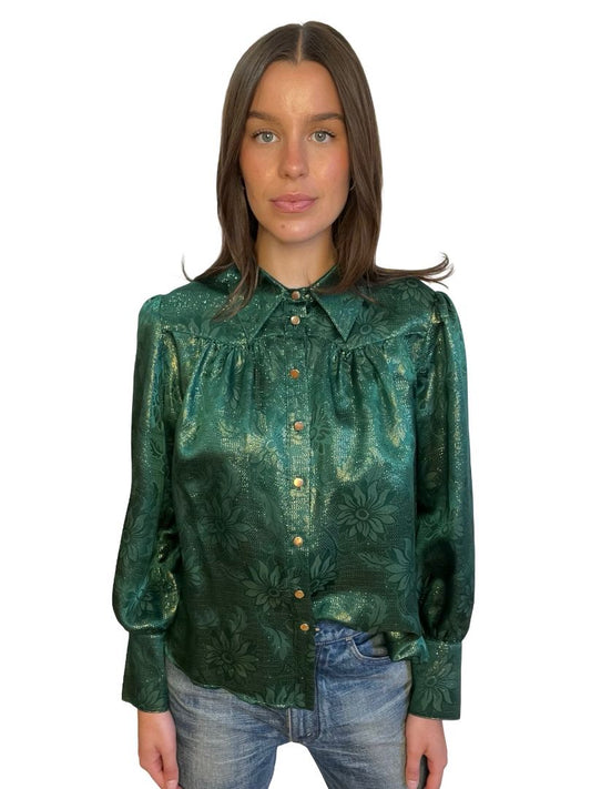 O.P On Parks Green / Gold Metallic Thread Shirt w/ Floral Print. Size: 12