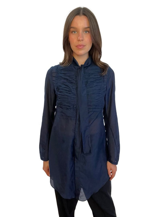 ESS Laboratory Navy Sheer Silk/Cotton Long Shirt. Size: 2