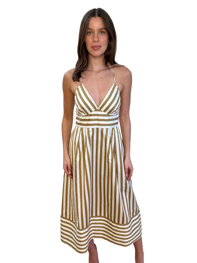Rebecca Vallance White/Gold 'Lucas Midi Stripe Dress'. Size: 10