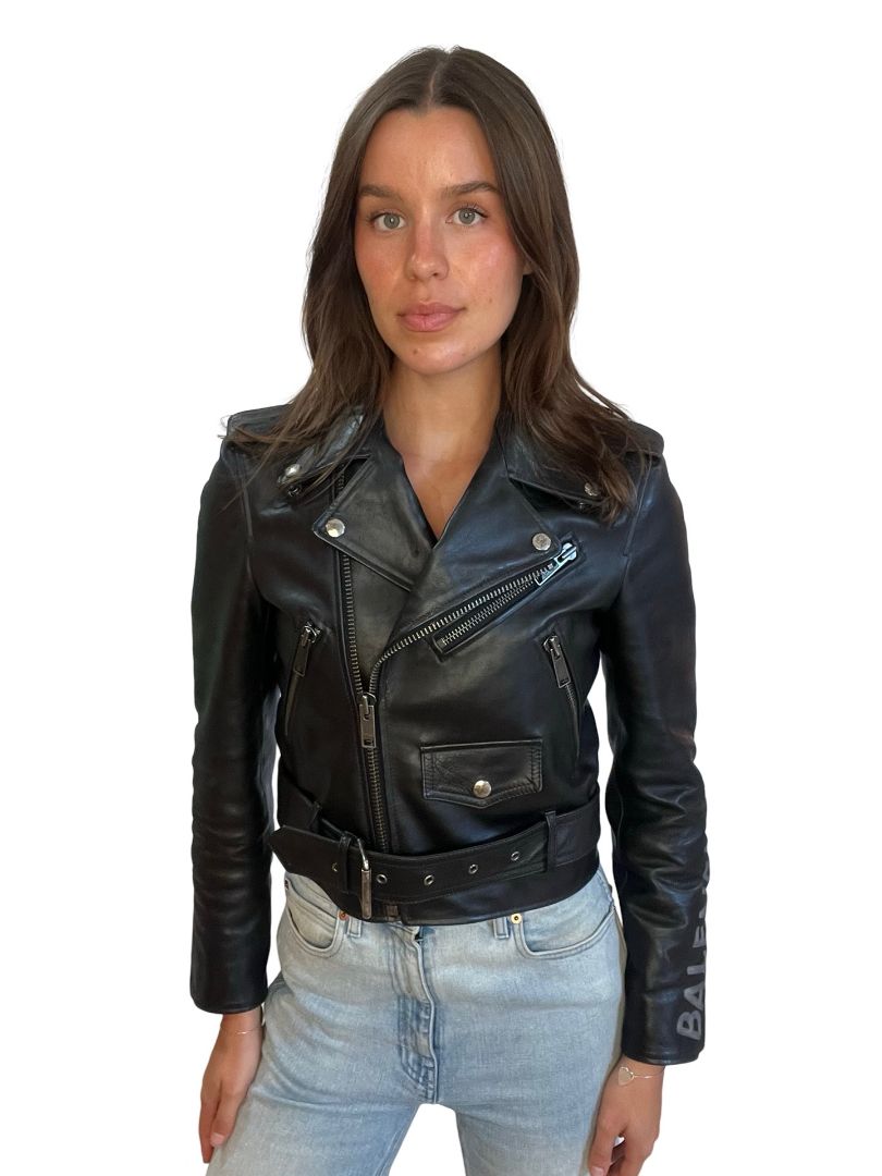 Balenciaga Black Leather Jacket W Sleeve Logo. Size: 34