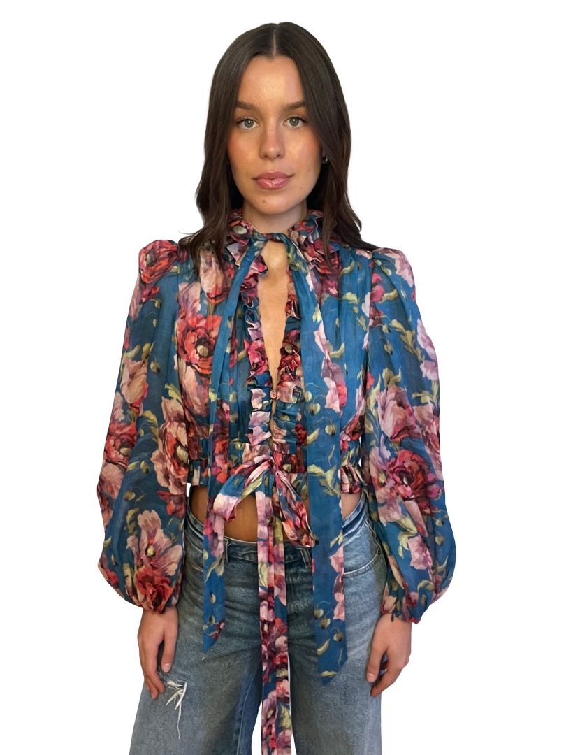 Zimmermann Blue Floral Cropped Blouse W Waist & Neck Ties. Size: 1
