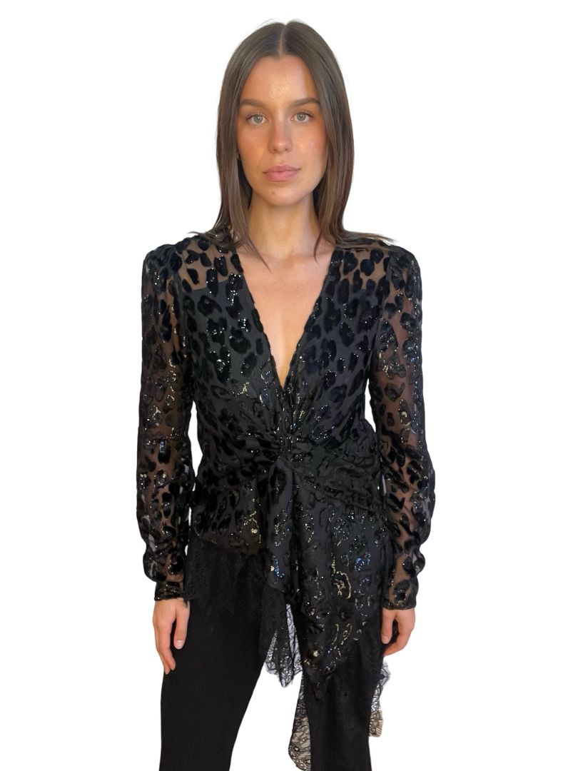 Self Portrait Black Sequin Pattern Top w/ Lace Hem. Size: 12