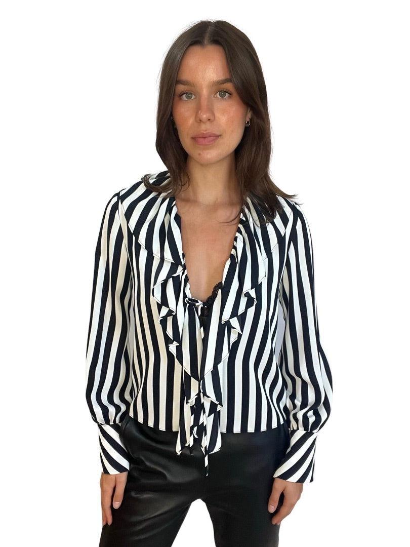 Carla Zampatti Black / White Striped Frilled Blouse. Size: 6