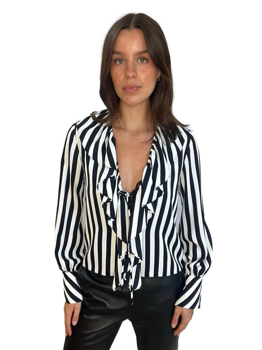 Carla Zampatti Black / White Striped Frilled Blouse. Size: 6