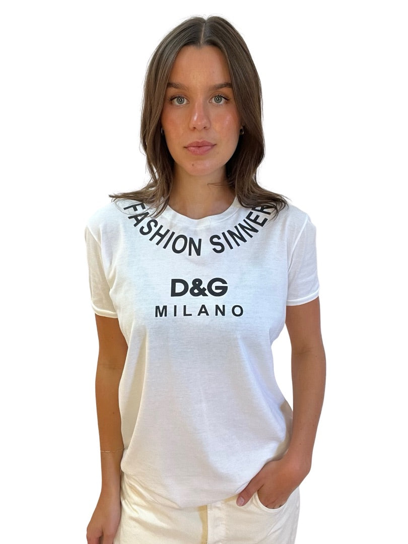 Dolce & Gabbana White 'Fashion Sinner' Printed T Shirt. Size: 40