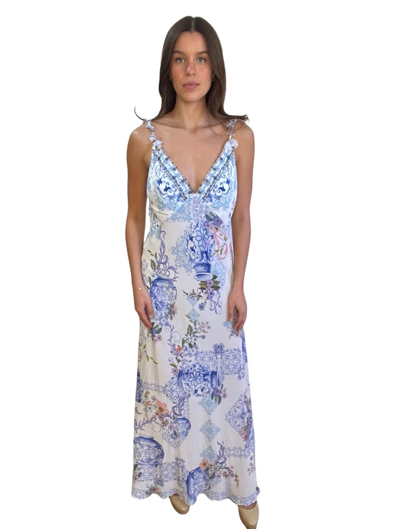 Camilla Multi-Colour V Neck Full Length Bias Slip Dress. Size: M