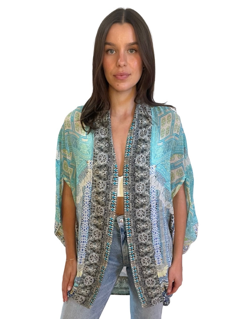 Camilla Light Blue Lover Retreat Open Front Cardi Cape. Size: O/S