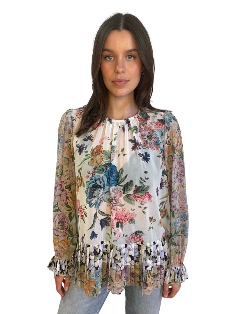 Zimmermann Multi-Colour Floral Blouse w/ Pleated Hem. Size: 2-3