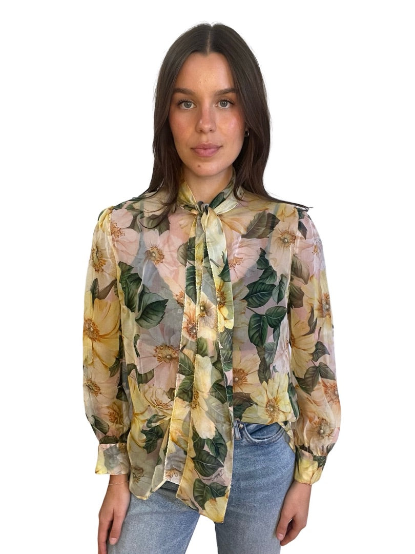 Dolce & Gabbana Yellow Floral Print Blouse w/ Neck Tie. Size: M-L
