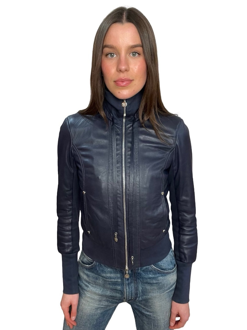 Patrizia Pepe Navy Blue Leather Bomber Jacket w/ Neck Tie. Size: 42