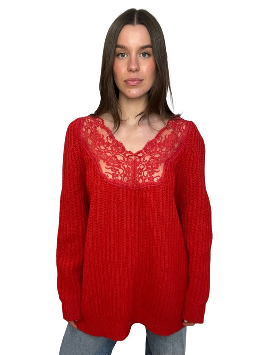 Balenciaga Red Oversized Lace Knit Sweater. Size: 36