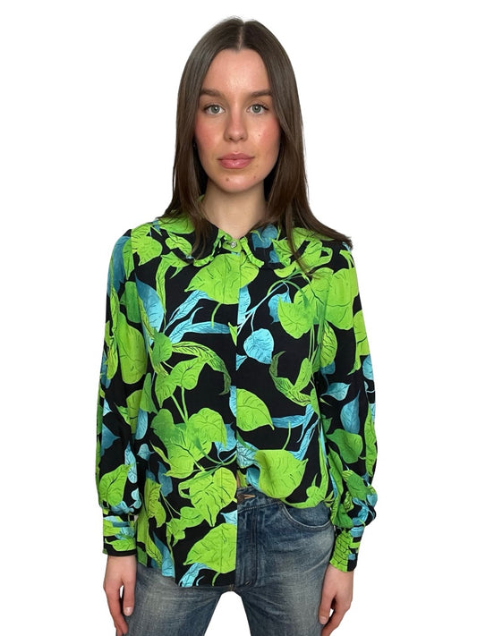 Husk Green / Blue Leaf Print Button Up. Size: 10