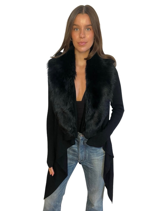 Husk Black Merino Cardigan w/ Detachable Shearling Collar. Size: S