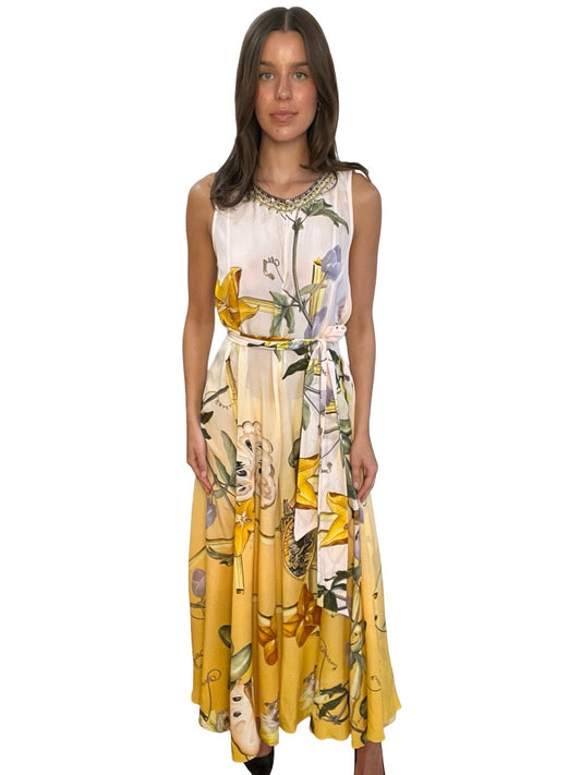 Camilla Pink/Yellow Silk Floral Jumpsuit W Tie. Size: S