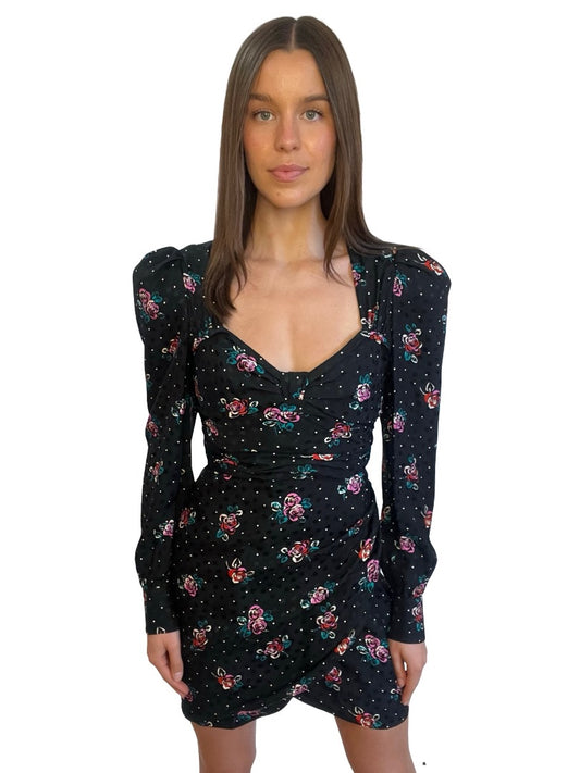 Alessandra Rich Black/Multi Long Sleeve Mini Dress with Rouched Bodice. Size: 42