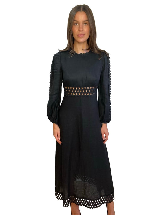 Zimmermann Black Embroidered Cut Linen Dress. Size: 1