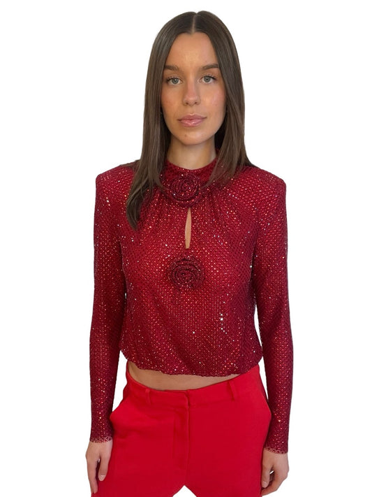 Self Portrait Red Rhinestone Fishnet Top. Size: 10