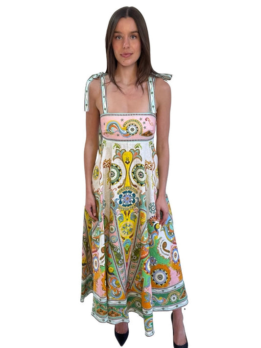 Alemais White/Multi Long Print Cotton Linen Maxi Dress w Bow Straps. Size: 6