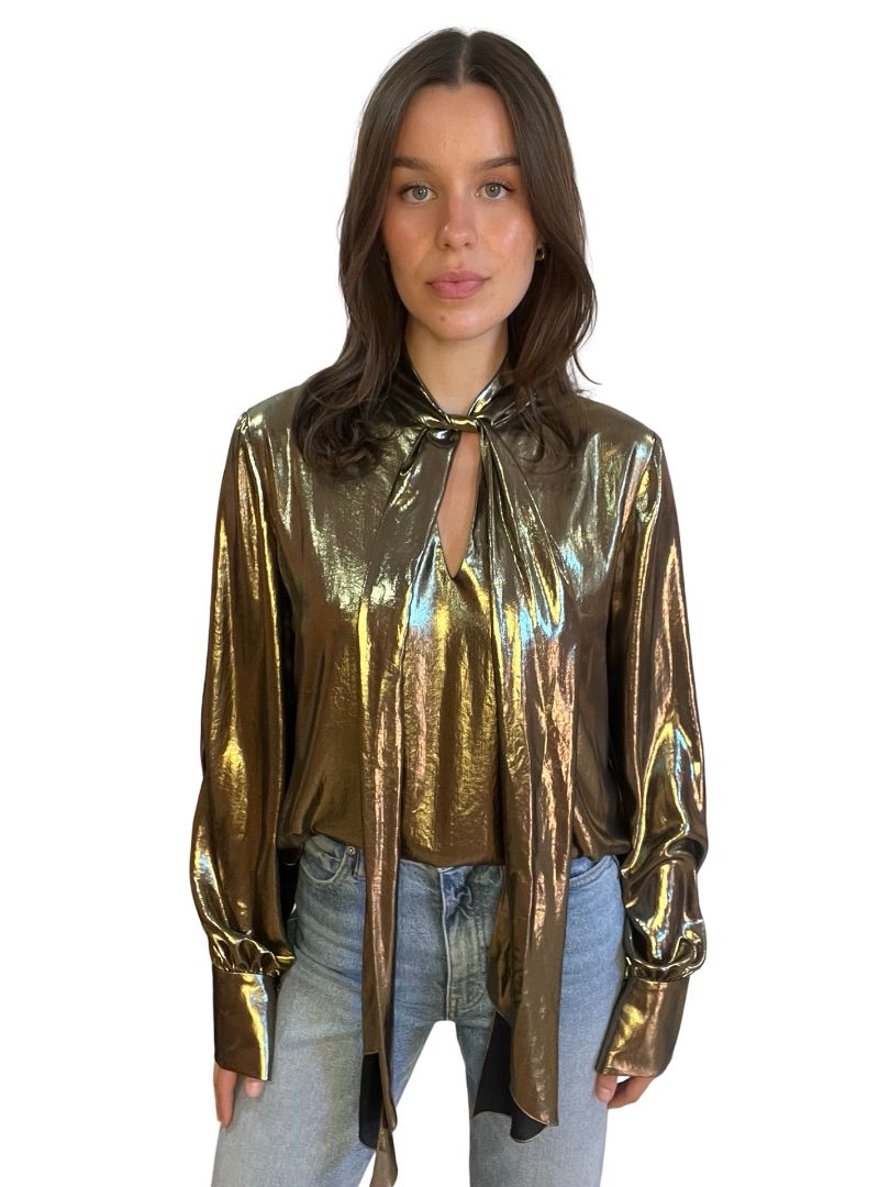 Carla Zampatti Gold Metallic Scarf Top. Size: 12