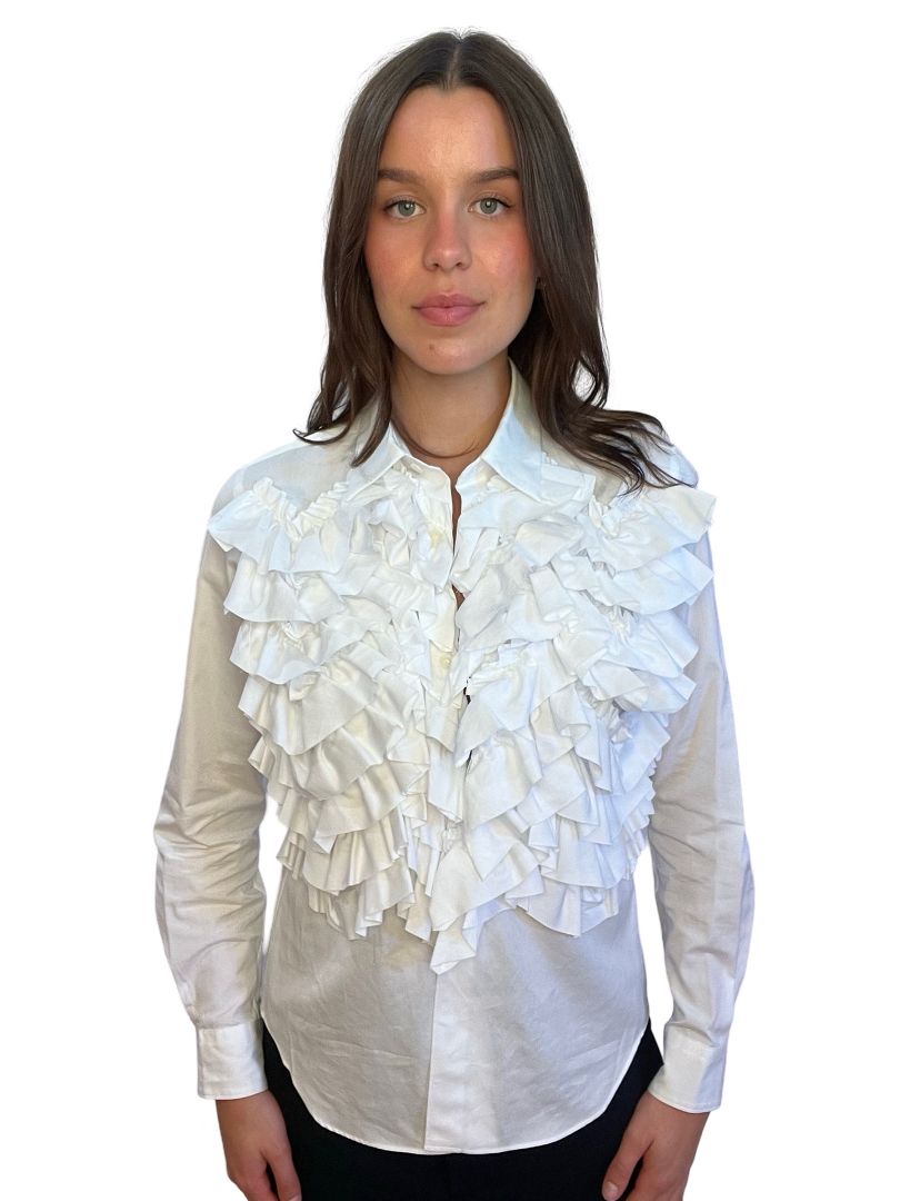 Comme Des Garcons White Exaggerated Ruffle Shirt. Size: S