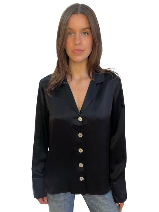 Banded Together Black Silk Satin Shirt w/ Mother of Pearl Tone Buttons. Size: 12