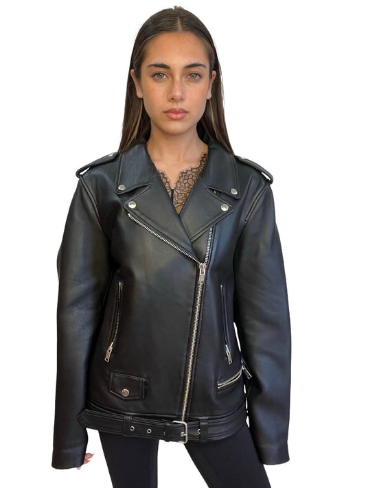 Ena Pelly Black Biker Leather Jacket. Size: 12