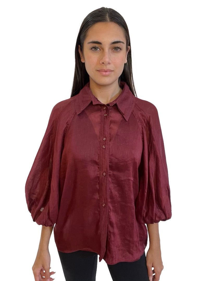 Aje Red Sheer Blouse w/ Puff Sleeve. Size: 10