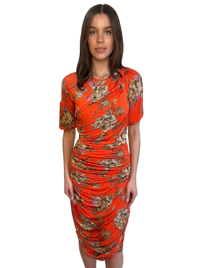 Preen By Thorton Bregazzi Orange Ruched Floral Print Dress. Size: XS