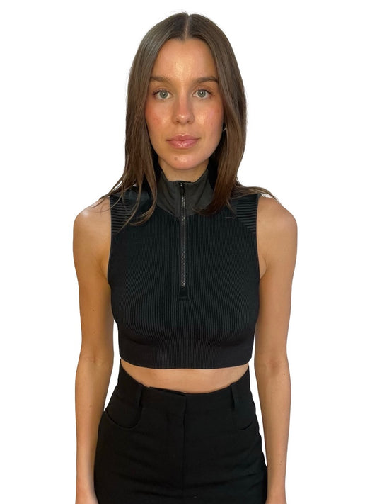 Y-3 Black / Grey Sleeveless Turtleneck Sports Crop Top. Size: XS