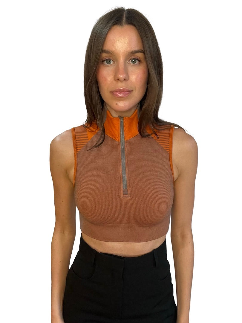 Y-3 Orange / Brown Sleeveless Turtleneck Sports Crop Top. Size: S