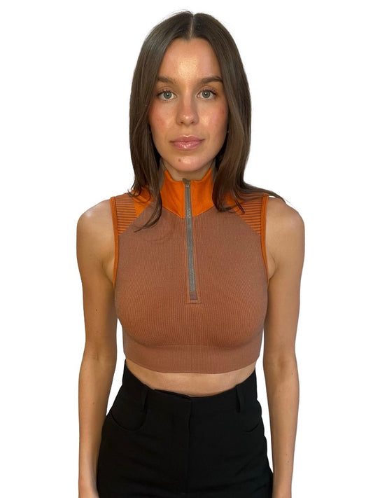 Y-3 Orange / Brown Sleeveless Turtleneck Sports Crop Top. Size: S