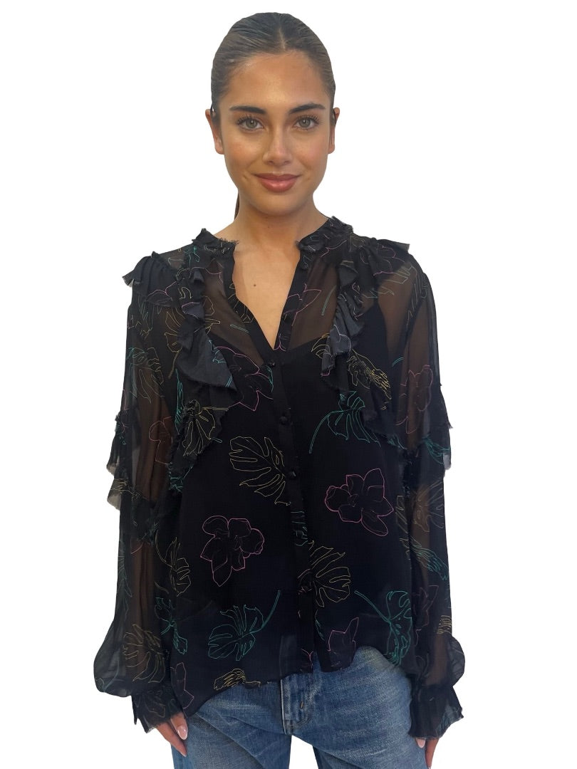 Husk Black Leaf Print Silk Blouse. Size: 12