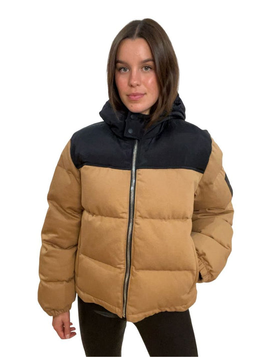 Alexander Wang Tan and Black Hooded Puffer Jacket. Size: S