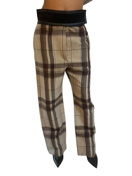 Celine Beige Plaid Trousers W Leather Velcro Waistband. Size: 34