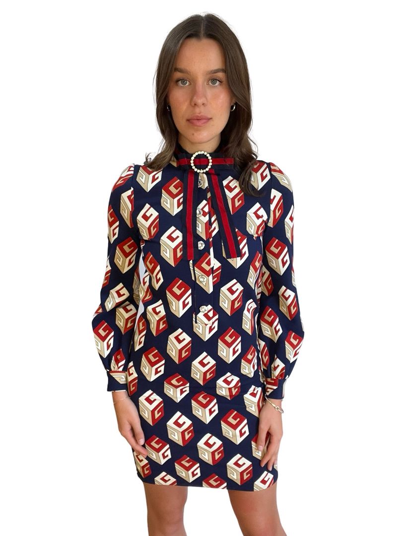 Gucci Navy / Multi-Colour Pattern Dress w/ Embellished Buttons. Size: M