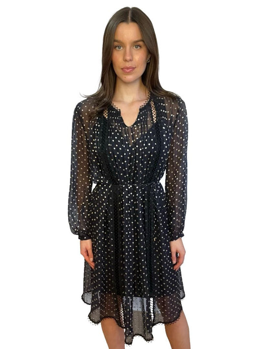 Zimmermann Navy/Beige Polka Dot Semi Sheer Silk Dress W Tie. Size: 3