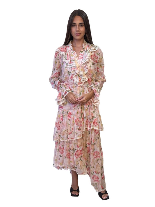 Zimmermann Pink Lace Trim Floral Tiered Dress. Size: 4