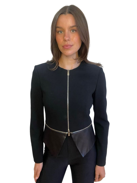 Michael Kors Black Wool/Leather Zipper Jacket. Size: 4