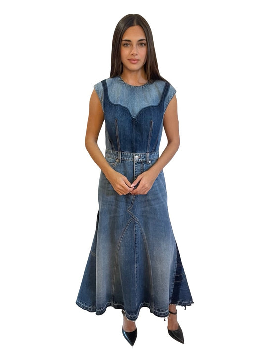Alexander McQueen Blue Denim Corset Patchwork Contrast Dress. Size: 42