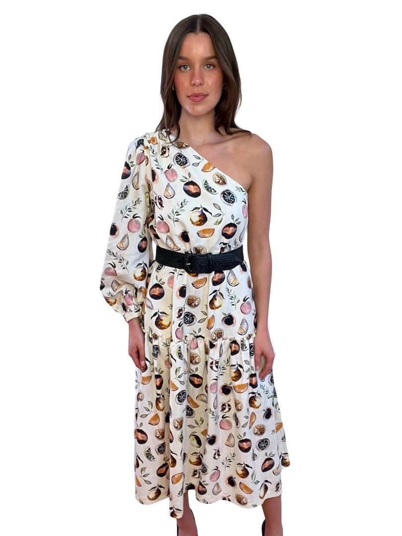 Rebecca Vallance Cream One Shoulder Printed Dress. Size: 10