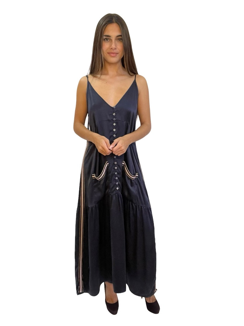Flannel Navy Silk Sleeveless Drop Waist Dress. Size: 1