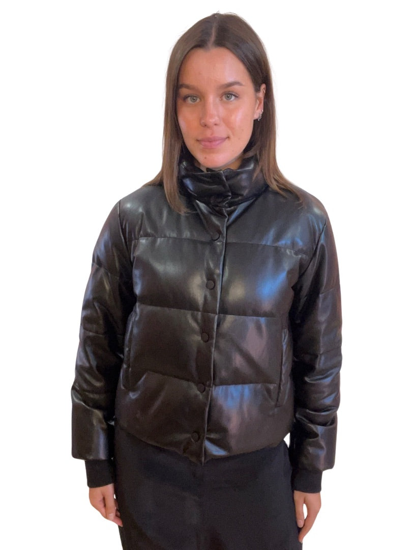 Husk Black Faux Leather Puffer Jacket. Size: S