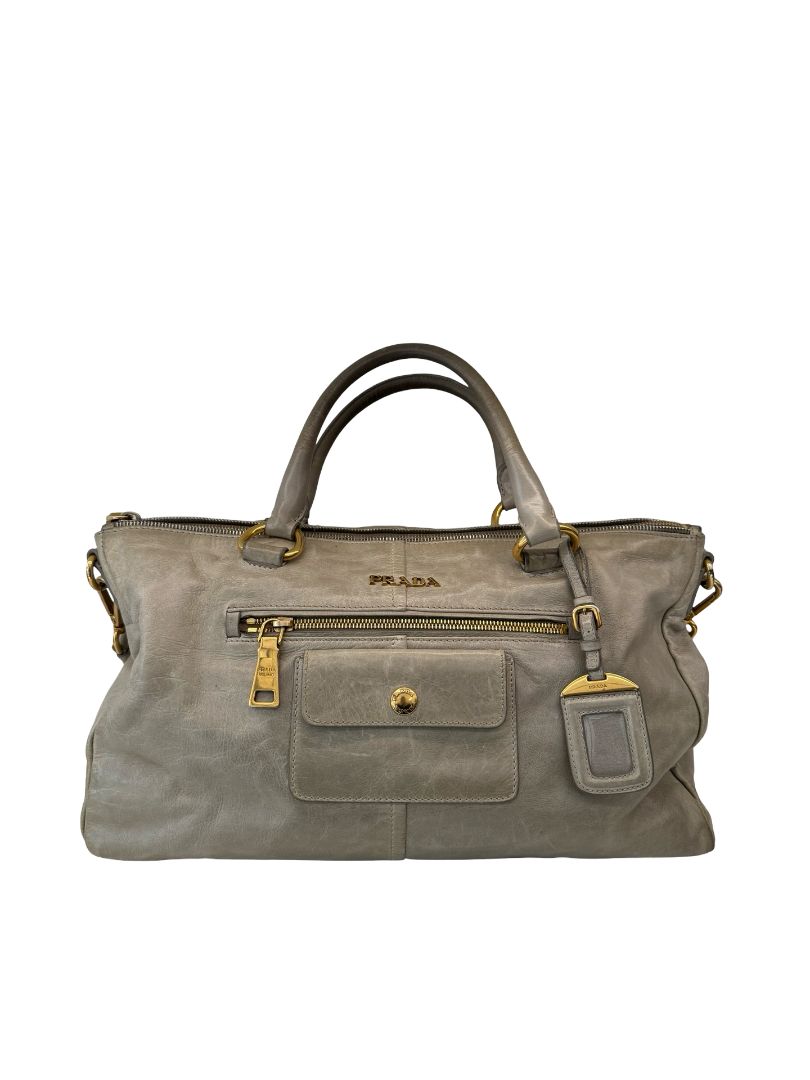 Prada Grey Vintage Leather Shoulder Tote Bag.