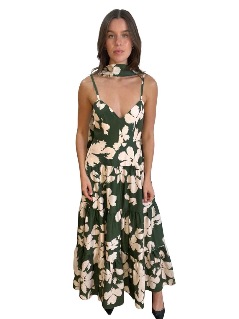 Husk Green & Cream Thin Strap Maxi Dress w Flower Print. Size: 10