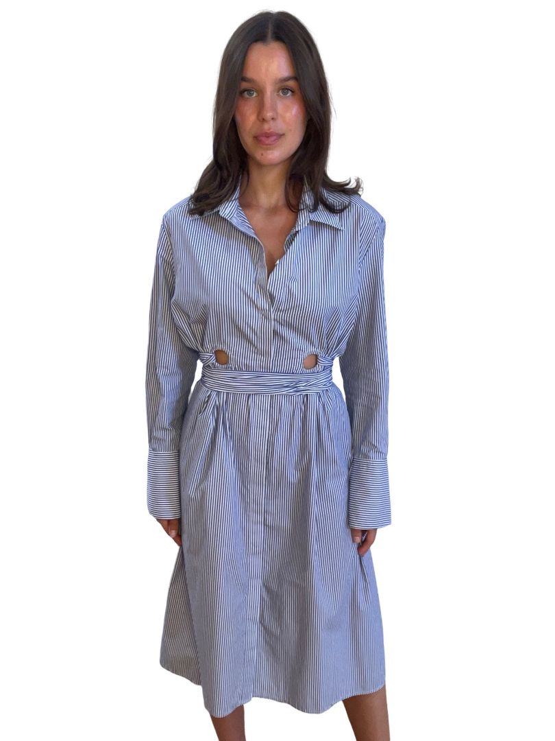 Scanlan Theodore Blue Pinstripe Button-Up Dress w/ Attached Belt. Size: 12