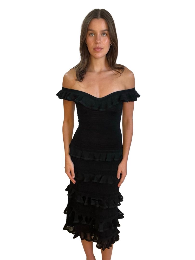 Zimmermann Black V-Neck Ruffle Dress. Size: OP