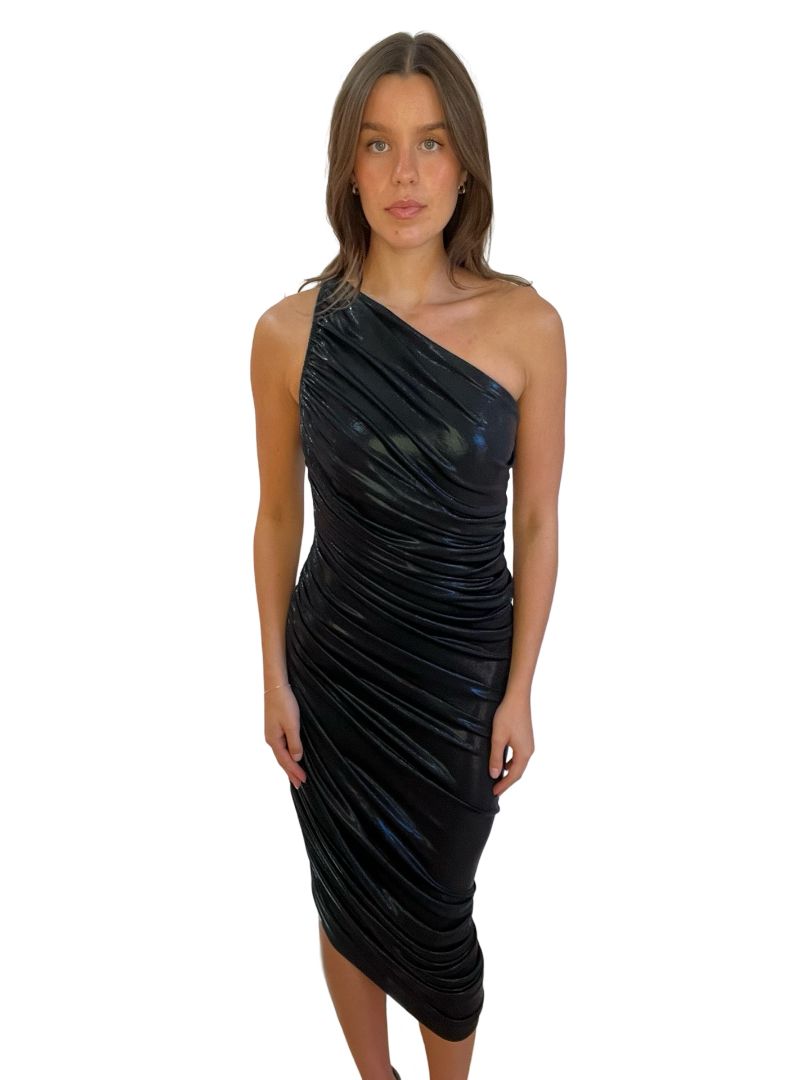 Norma Kamali Black Metallic One Shoulder 'Diana' Dress. Size: M/38